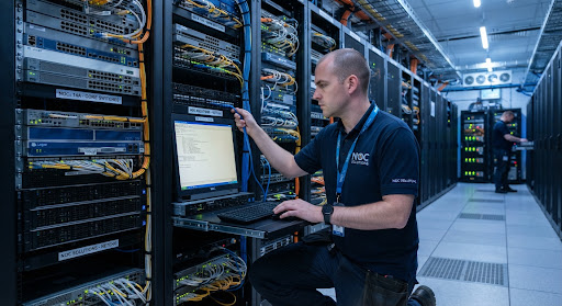 NOC Network Systems Engineer configuring data center rack