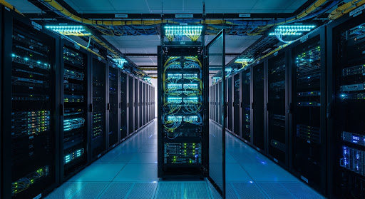 Enterprise dark high-density data center cold aisle with illuminated server racks, fiber optic cabling patch panels glowing in vibrant cyan and cobalt blue LEDs.