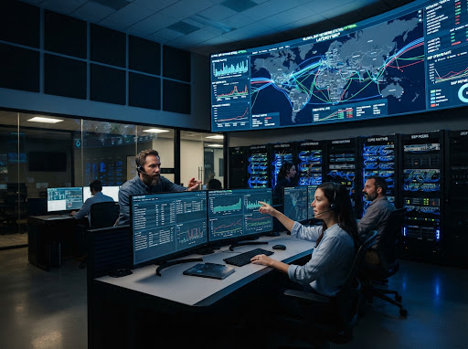 Modern telecommunications network operations center and high-speed BGP routing infrastructure