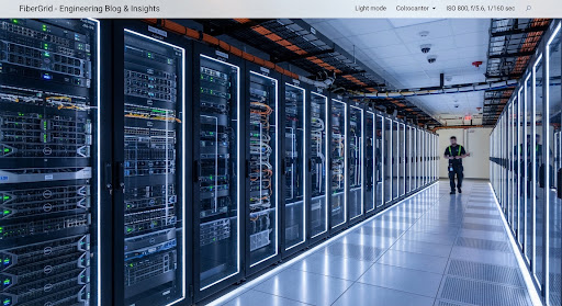 Row of modern server racks in a high-security enterprise colocation data center with cool white and blue aisle lighting and clean cable management.