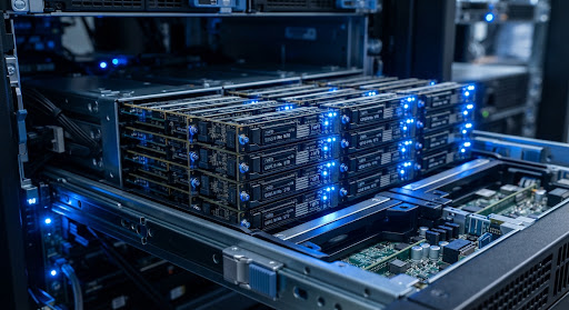High-density optical fiber patch panel modules illuminated in cool blue light within an enterprise meet-me-room facility.
